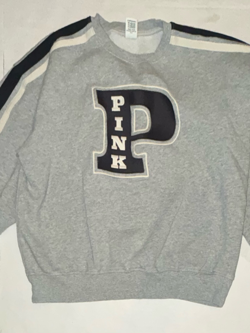 PINK Victoria's Secret Grey Crewneck with Navy 'P' Patch and Shoulder Stripes